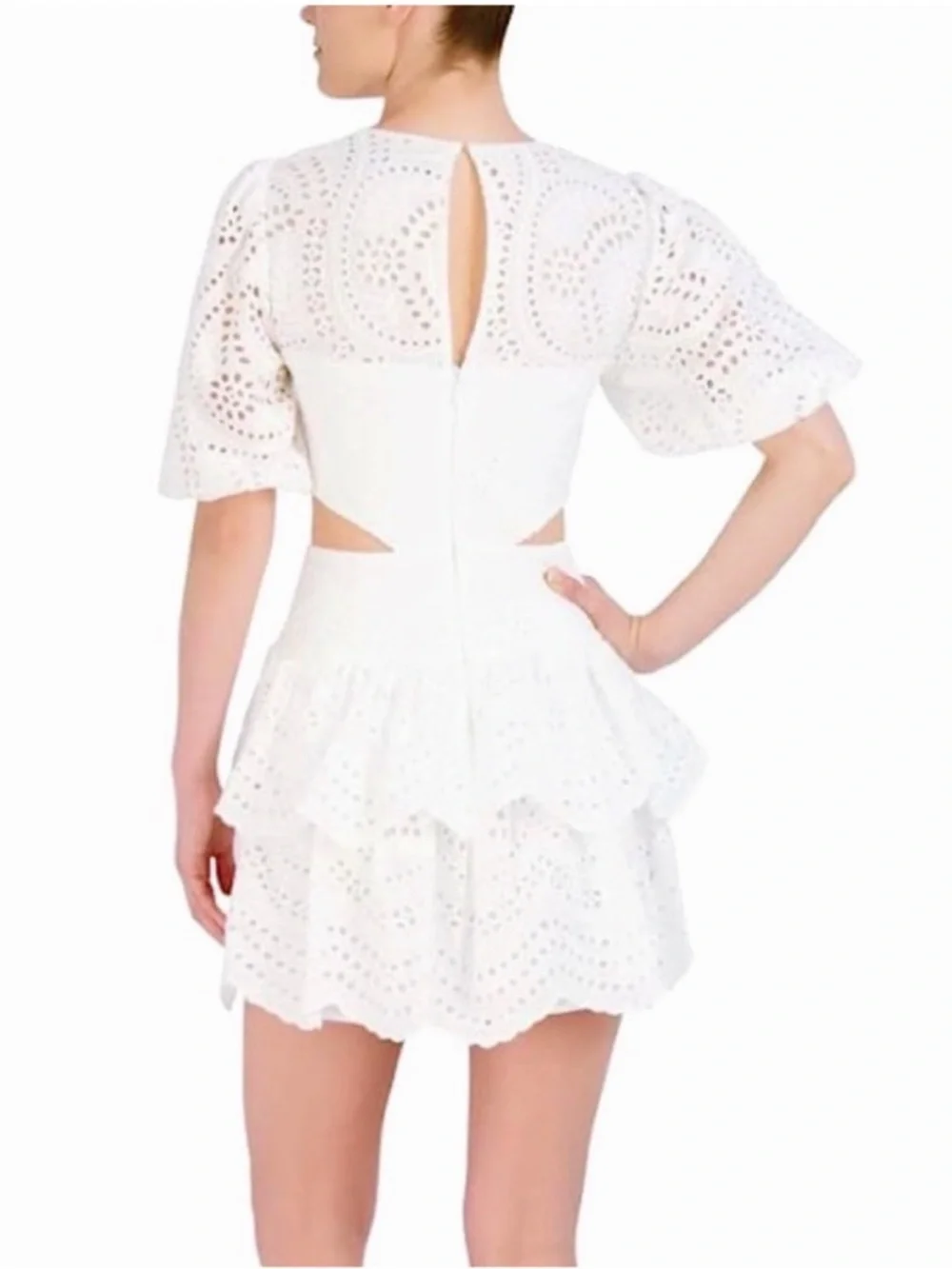 BCBGMaxAzria White Eyelet Puff Sleeve Cut Out Tiered Mini Dress! 🐚 - Picture 9 of 17